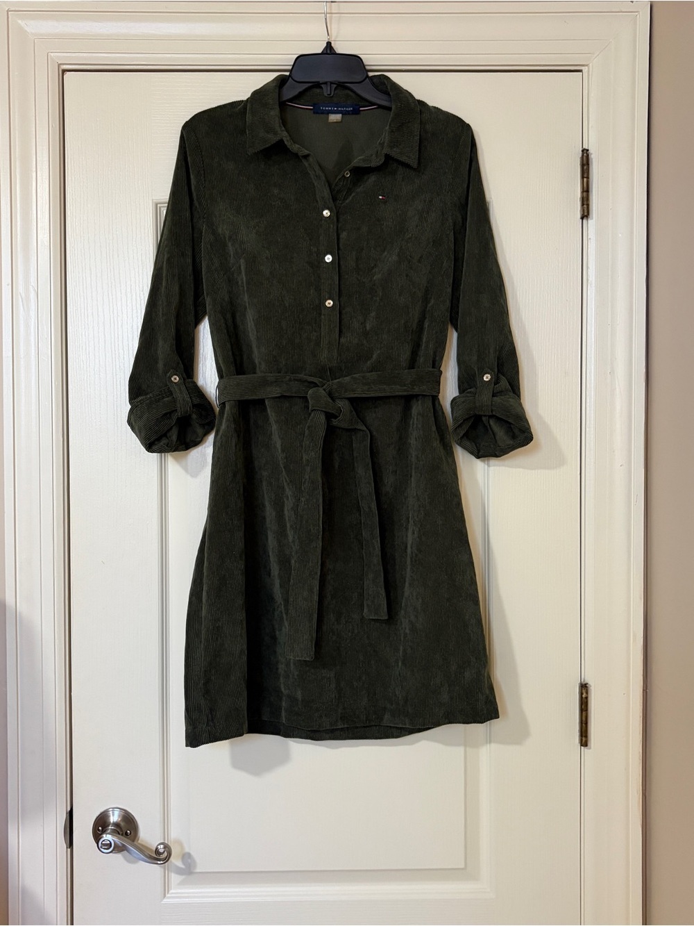Tommy Hilfiger Dark Olive Button-Front Shirt Dress with Tie Waist